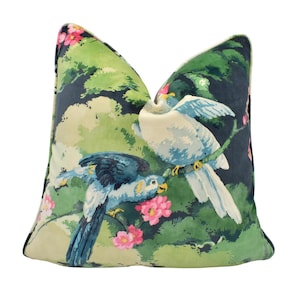 Linwood - Jungle Jive Velvet - Navy - Dark Moody Abstract Botanical Designer Cushion Cover - Grey Green Tree Bird Parrot Floral Pillow Cover