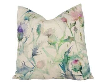 Voyage - Cirsium - Damson / Natural - Stunning Floral Watercolour Thistle Cushion Cover - Handmade Throw Pillow Designer Home Decor