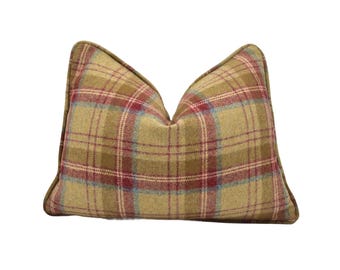 Abraham Moon - Heritage - Scarlet - 100% Wool Cushion Cover - Designer Plaid Pillow Cover - Handmade Wool Moon Pillow Cover - Red and Beige
