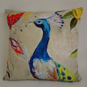 Prestigious - Blenheim - Jewel - Stunning Painted Peacock & Flowers Cushion Cover - Handmade Throw Pillow Designer Home Decor