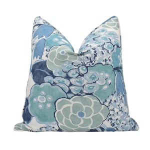 Anna French x Thibaut - Laura - Blue - Bold Vintage Designer Floral Cushion Cover - White and Aqua Flowers Pillow - Handmade Thibaut Floral