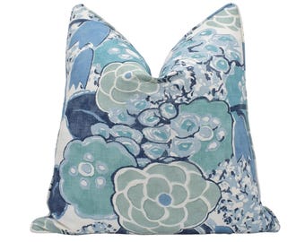 Anna French x Thibaut - Laura - Blue - Bold Vintage Designer Floral Cushion Cover - White and Aqua Flowers Pillow - Handmade Thibaut Floral
