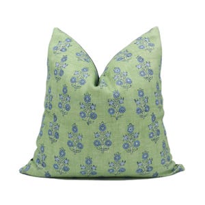 GP & J Baker - Poppy Sprig - Green / Blue - Versatile Small Scale Poppy Designer Linen Cushion Cover - Sage Indigo Traditional Floral Pillow