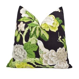 Mary McDonald x Schumacher - Bermuda Blossoms - Jet - Bold Black Traditional Floral Japanese Cushion Cover - Green Bird Flora Fauna Pillow