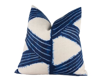 Zoffany - Kanoko - Indigo - Abstract Japanese Inspired Shibori Zig Zag Cushion Cover - Handmade Throw Pillow Designer Home Decor
