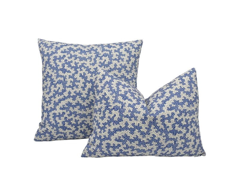 two blue and white pillows on a white background