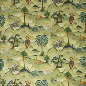 May include: A green and blue patterned fabric with a repeating design of tigers, peacocks, deer, and riders on horseback. The fabric features a light green background with a subtle watercolor effect.