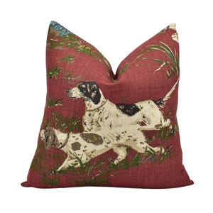 Schumacher - Pointers - Burgundy - Cushion Cover – Deep Red Linen Hunting Dog Motif – Handmade Rustic Luxe Decor - Country Chic Pillow