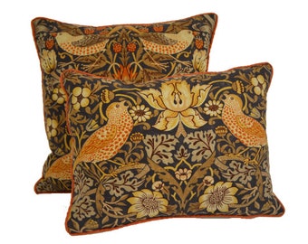 William Morris - Strawberry Thief - Grape and Gold - Stunning Orange Contrast Piped Classic Designer Cushion Cover Throw Pillow Home Decor