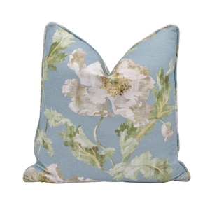 Colefax and Fowler - Meriden - Blue - Soft Blue Romantic Poppy Bloom Designer Floral Cushion Cover - White Green Cottagecore Linen Poppies