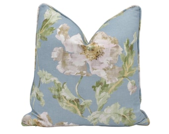 Colefax and Fowler - Meriden - Blue - Soft Blue Romantic Poppy Bloom Designer Floral Cushion Cover - White Green Cottagecore Linen Poppies