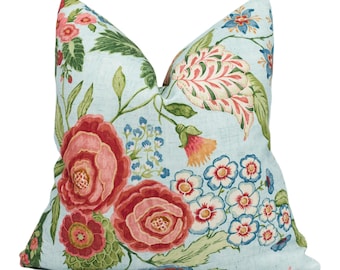 Colefax and Fowler - Emmeline - Aqua - Heritage Floral Linen Cushion Cover – English Country House Blue Botanical Throw Pillow