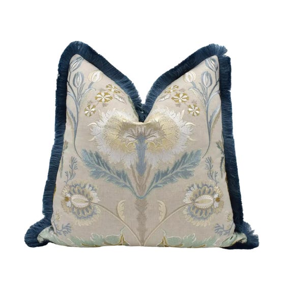 Colefax & Fowler – Dianthus – Beige – Embroidered Floral Cushion Cover with Blue Fringe – Handmade Pillow – Classic Elegant Interiors