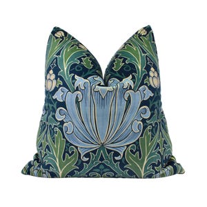 William Morris - Helena - Indigo / Boughs - Intricate Persian Artichoke Velvet Designer Cushion Cover Blue Green Acanthus Leaf Throw Pillow