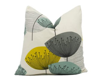 Sanderson - Dandelion Clocks - Chaffinch - Funky Fun Retro Floral Cushion Cover - Blue Yellow 80&#39;s Scandi Designer Custom Pillow Cover