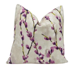 Harlequin - Salice - Plum - Abstract Painterly Trailing Willow Tree Floral Cushion Cover - Beige Purple Traditional Flowers Linen Pillow