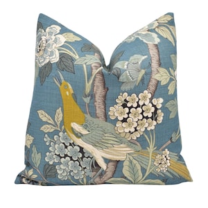 GP & J Baker - Hydrangea Bird - Teal - Exotic Botanical Bird Print Cushion Cover - Chinese Heritage Statement Floral Throw Pillow