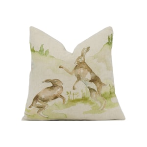 Voyage - Boxing Hares - Lino - Funda de cojín con bonito conejo, diseño de almohada decorativa para el hogar