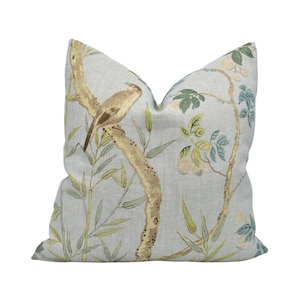 Thibaut - Claire - Spa Blue - Chinese Bamboo Floral Designer Cushion Cover - Blue Beige Bird Throw Pillow - Asian Inspired Pillow