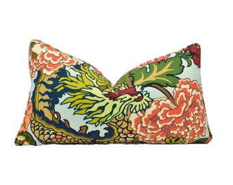 Schumacher - Chiang Mai Indoor / Outdoor - Aquamarine - Art Deco Colourful Designer Cushion Cover - Blue Green Red Chic Japanese Floral