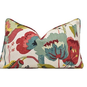 GP & J Baker - California - Linen / Teal / Pimento - Vintage Style Colourful Floral Cushion Cover - Retro Boho Eclectic Blue Red Botanical