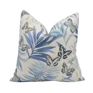 Jane Churchill - Evelyn - Blue - Cushion Cover – Artful Fronds & Butterflies on Linen - Handmade Serene Botanical Designer Pillow - Tropical