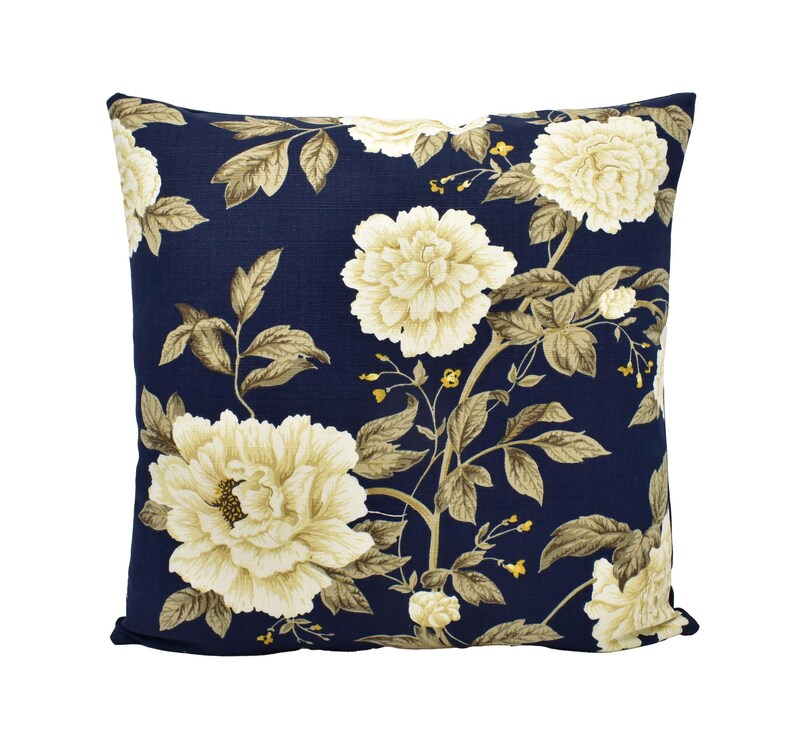 Sanderson - Peony Tree - Midnight Blue / Primrose - Heritage Floral Linen – English Country House Decor Classic Botanical Style Throw Pillow image 2