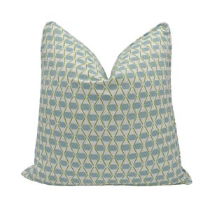 Thibaut - Denver - Spa Blue and Green - Whimsical Small Scale Geometric Cushion Cover - White Diamond Trellis Fresh Spring Handmade Pillow
