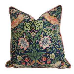 Morris & Co - Strawberry Thief - Indigo / Moss / Persian Pink - Stunning Iconic Classic Designer Cushion Cover - Handmade Home Decor