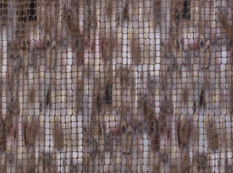 May include: A close-up of a textured fabric with a pattern of small, square tiles in shades of brown, gray, and white.