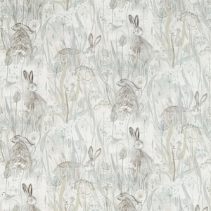 May include: A white background with a repeating pattern of grey rabbits and foliage. The rabbits are drawn in a realistic style and are surrounded by various types of plants and flowers.