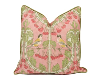 GP and J Baker – Birds & Cherries - Coral – Cushion Cover – Floral Bird Print Pillow – Handmade Statement Accent – Trendy Coral Cottagecore