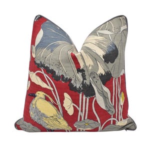 G P and J Baker - Nympheus - Red - Classic Baker Kingfisher Lily Pad Designer Linen Cushion - Red Grey Flora Fauna Bird Pillow