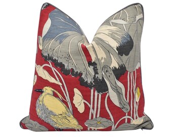 G P and J Baker - Nympheus - Red - Classic Baker Kingfisher Lily Pad Designer Linen Cushion - Red Grey Flora Fauna Bird Pillow