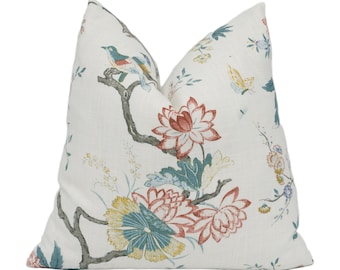 GP & J Baker - Oriental Bird Signature - Teal - Graceful Trailing Bird Chinoiserie Designer Cushion Cover - Luxury Throw Pillow Handmade