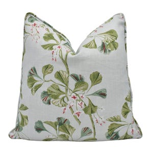 Colefax and Fowler - Greenacre - Aqua - Modern Ginkgo Blossom Foliage Designer Cushion Cover Blue Green Handmade Classic Floral Linen Pillow