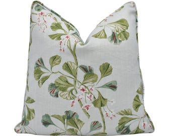 Colefax and Fowler - Greenacre - Aqua - Modern Ginkgo Blossom Foliage Designer Cushion Cover Blue Green Handmade Classic Floral Linen Pillow