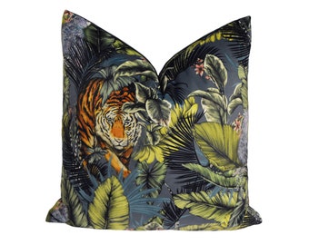Prestigious - Bengal Tiger - Twilight - Luxurious Maximalist Tropical Jungle Cushion Cover - Handmade Throw Pillow Designer Home Decor