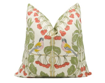 GP and J Baker - Birds & Cherries - Red / Green - Charming Floral Bird Designer Cushion Cover  - Luxury Throw Pillow - Handmade Home Décor