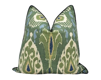 GP & J Baker – Ikat Bokhara Linen – Emerald – Decorative Ikat Cushion Cover - Bold Green Boho Throw Pillow - Earthy and Rich Accent