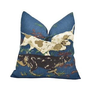 Schumacher - Pointers - Indigo - Cushion Cover - Leisurely Hounds & Scenic Quail Linen Pillow - Handmade Country Chic Decor - Hunting Lodge