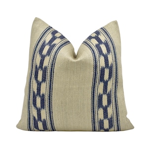 Schumacher - Mojave Ikat Stripe - Indigo - Artisanal Indian Hand Woven Designer Cushion Cover - Bold Blue Beige Ikat Stripy Throw Pillow