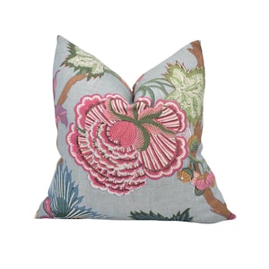Thibaut - Indienne Jacobean - Raspberry and Teal - Large Scale French Indian Inspired Floral Designer Cushion Cover - Luxury Throw Pillow