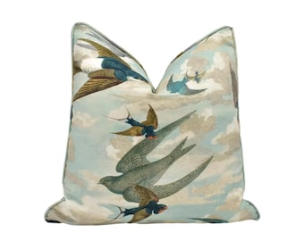 John Derian x Designers Guild - Chimney Swallows - Sky Blue - Tranquil Swooping Swallow Cushion Cover - Artistic Heritage Bird Pillow