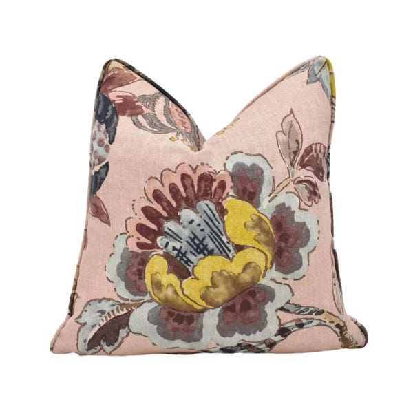 Anna French x Thibaut - Stockbridge - Blush - Blush Pink Floral Throw Pillow, Designer Jacobean Linen Cushion, Romantic Cottage Decor
