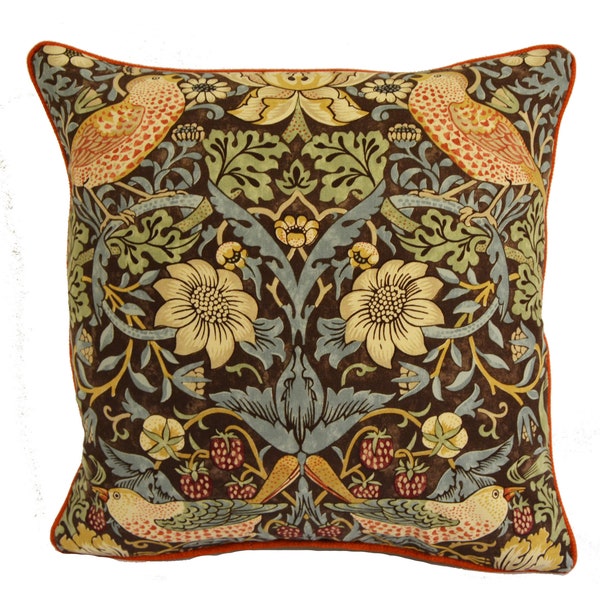 William Morris - Strawberry Thief - Chocolate / Slate - Cushion Cover Contrast Piped Throw Pillow Designer Home Decor