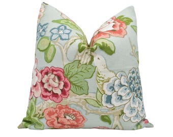 Mary McDonald x Schumacher - Bermuda Blossoms - Aqua - Bold Blue Traditional Floral Japanese Cushion Cover - Colourful Pink Bird Pillow