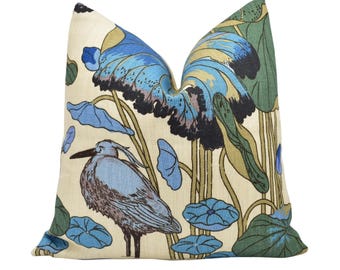 GP & J Baker - Nympheus - Aqua / Teal - Classic Baker Kingfisher Lily Pad Designer Linen Cushion - Blue Green Flora Fauna Bird Pillow