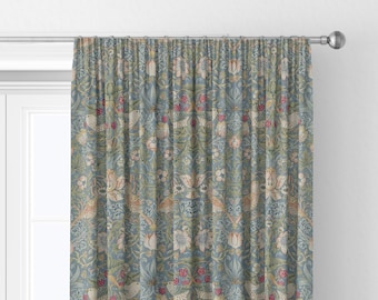 Tende su misura in pergamena color ardesia "Strawberry Thief" di William Morris, decorazioni per la casa di design.