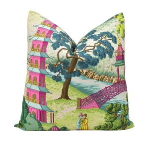 Manuel Canovas - Pagoda - Rose -  Bold Vibrant China Garden Designer Fabric Cushion Cover - Pink Green Chinese Tree Eclectic Boho Pillow